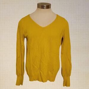 Contemporary Ann Taylor V Neck Sweater Mustard Yellow Stretch Woven M Medium Fit